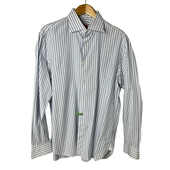 Isaia Striped Button Down Men’s Dress Shirt Blue White Size 17 (43) - Picture 1 of 7